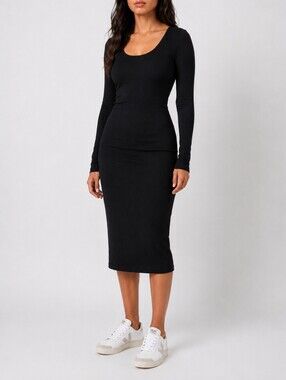 Marine Layer Lexi Rib Midi Dress Black Minimalist Long Sleeve XS